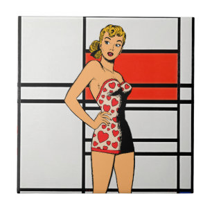 Azulejo Retro Pin-Up Girl conoce a Mondrian – Artístico Ún