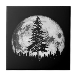 Azulejo Retro Pleno Luna y Minimalista Pino Árbol Vintage