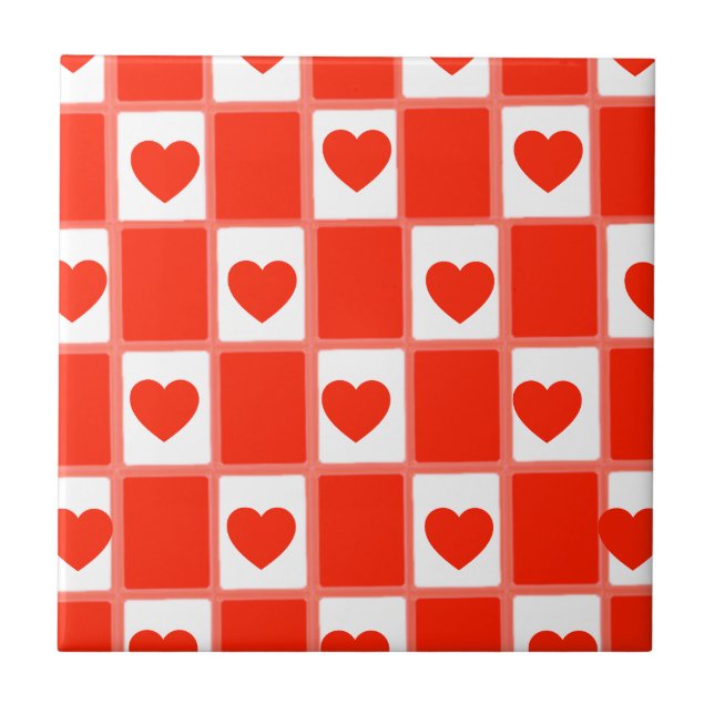 Azulejo Retro Red Heart Checkerboard Pattern (Frente)