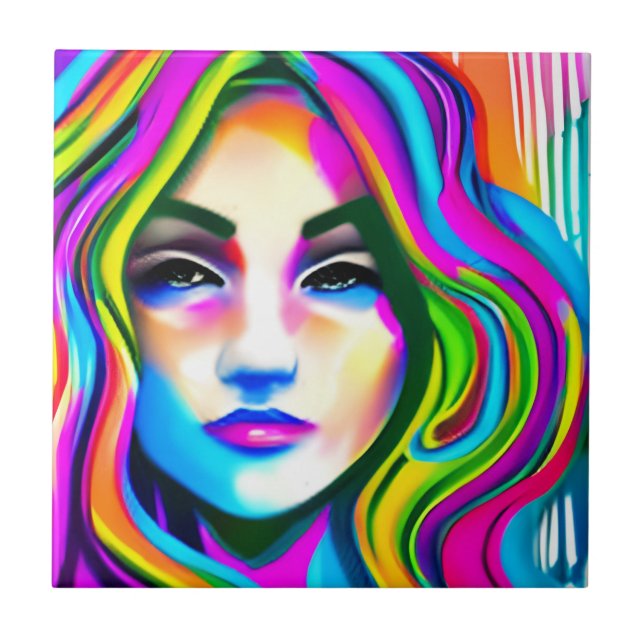 Azulejo Retro retrato de una mujer con pelo de arcoiris (Frente)