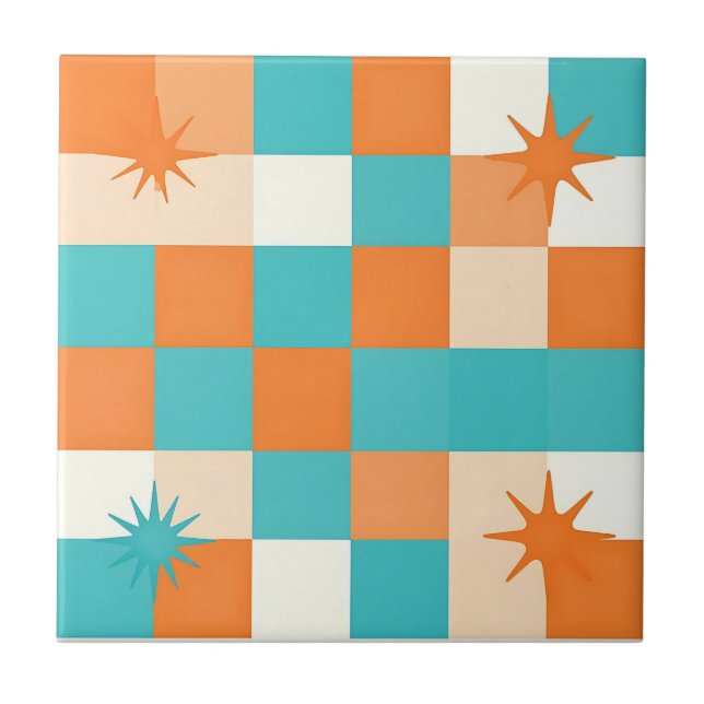 Azulejo Retro Teal Orange Starburst Checkerboard (Frente)