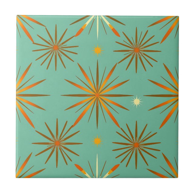 Azulejo Retro Teal Orange Starburst Pattern (Frente)