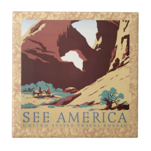 Azulejo Retro Ver América Western Vaqueros Desierto Arco W