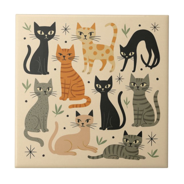 Azulejo Retro Vintage 1950s Cat Pattern (Frente)