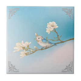 Azulejo Retro WhiteBlue Bird and Bloom Art