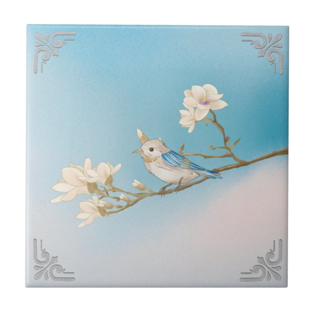 Azulejo Retro WhiteBlue Bird and Bloom Art (Frente)