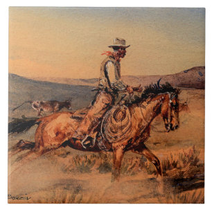 Azulejo “Riding Herd” Arte Occidental por Edward Borein