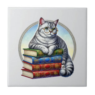 Azulejo Rincón de lectura de gato lindo amantes de los lib