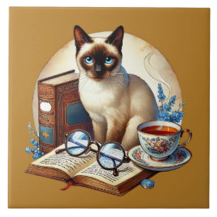 Azulejo Rincón de lectura de gato lindo biblioteca amantes
