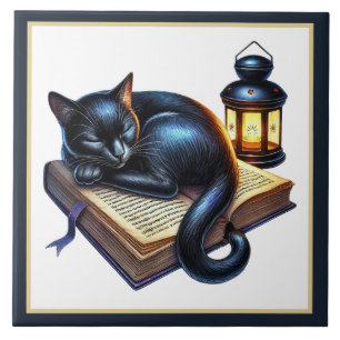 Azulejo Rincón de lectura de gato lindo biblioteca amantes