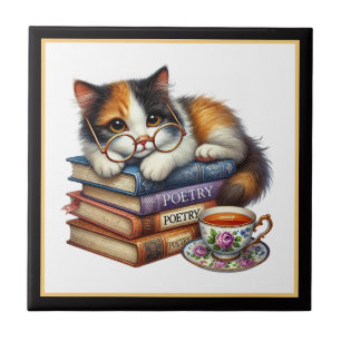 Azulejo Rincón de lectura de gato lindo biblioteca amantes