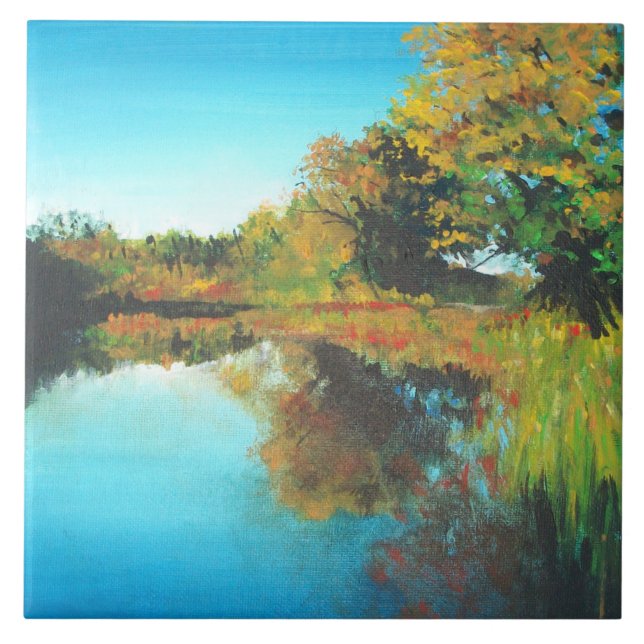 Azulejo Río Árboles Cae Paisaje Bella Artes Tile Cerámico (Frente)