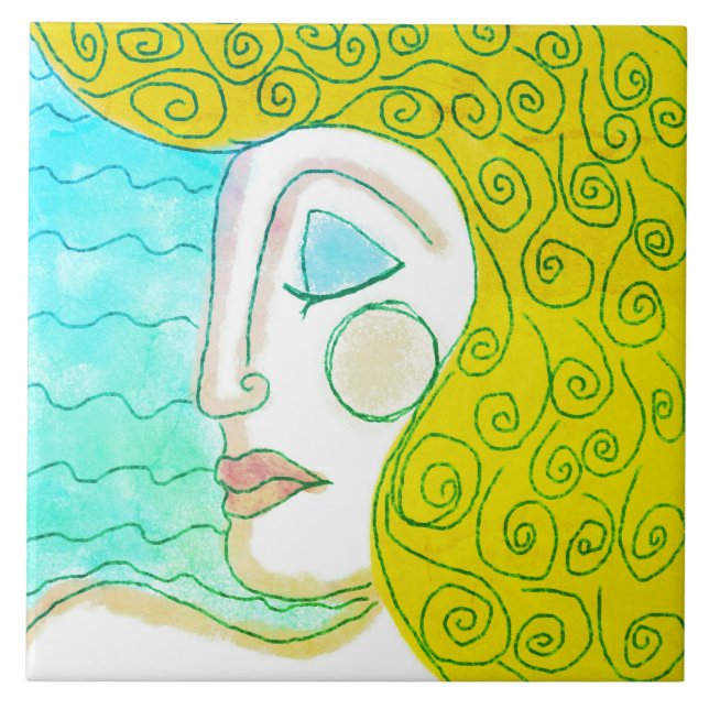 Azulejo Rizos Rubios Pintura Digital Abstracta de una Muje (Frente)