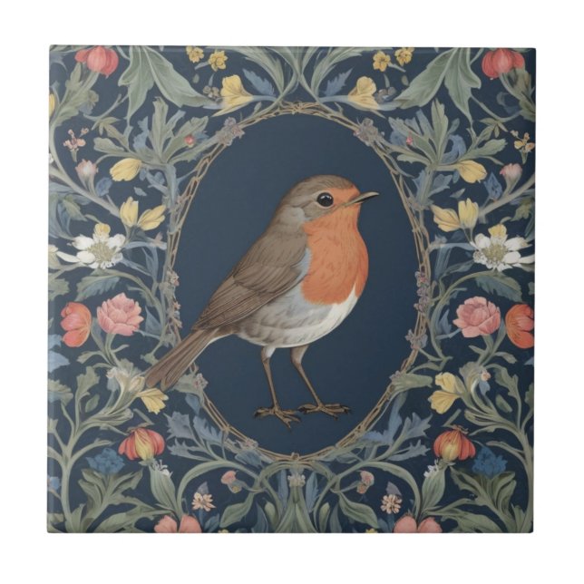 Azulejo Robin Bird William Morris estilo R Floral (Frente)