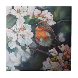 Azulejo Robin con flor de cerezo