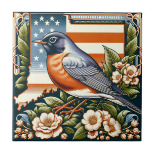 Azulejo Robin estadounidense de Connecticut y Blue de flor