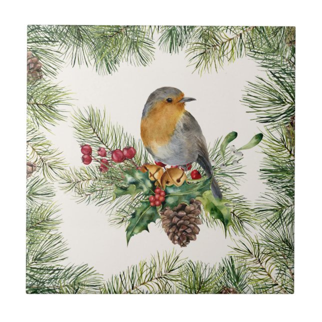 Azulejo Robin, holly, Navidades de pino (Frente)