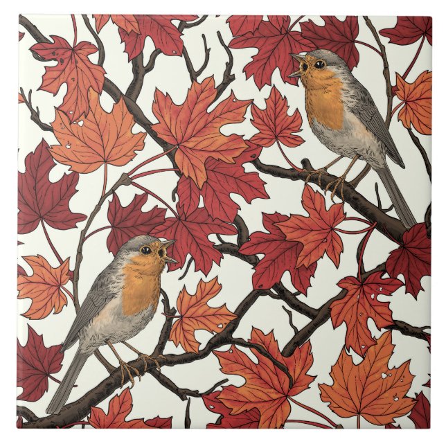 Azulejo Robins in maple tree on off white (Frente)