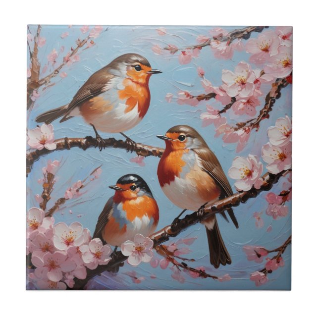 Azulejo Robins y flores de cerezo (Frente)