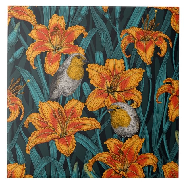 Azulejo Robins y flores de lirio, naranja y azul (Frente)