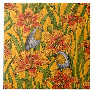 Azulejo Robins y flores de lirio, naranja y verde