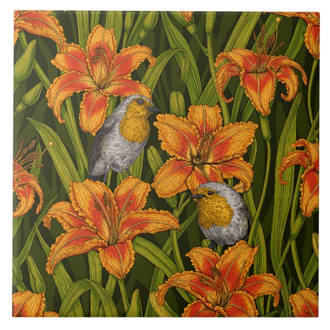Azulejo Robins y flores de lirio, naranja y verde oscuro (Frente)
