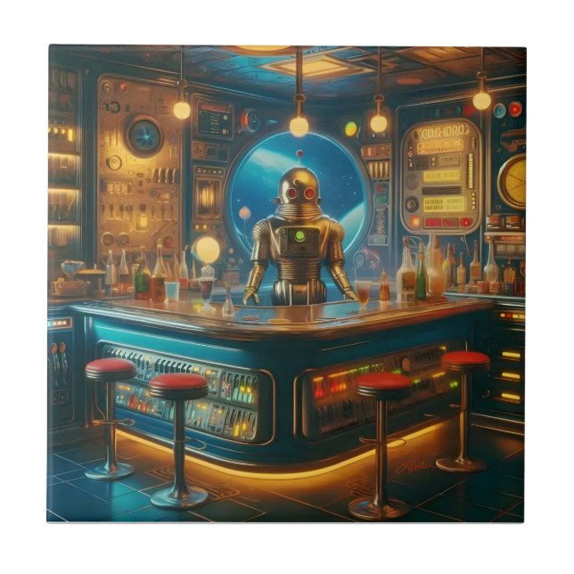 Azulejo Robot Bartender en un Bar de Buceo de la Era Espac (Frente)