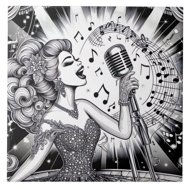Azulejo Rockabilly Retro Glam Rock Punk Blanco y Negro (Frente)