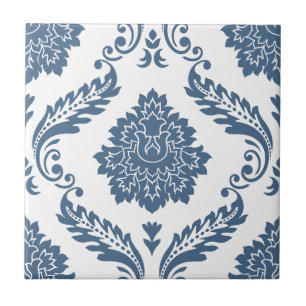Azulejo Rococo Damask Patrón Grande Azul sobre Blanco