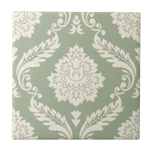 Azulejo Rococo Damask Patrón Grande Crema sobre Verde