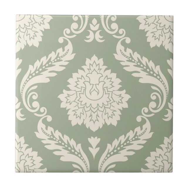 Azulejo Rococo Damask Patrón Grande Crema sobre Verde (Frente)