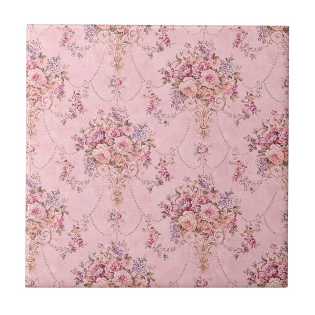 Azulejo Rococo floral de estilo victoriano rosa antiguo fr (Frente)
