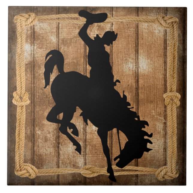 Azulejo Rodeo Cowboy Horse Bronco Silhouette (Frente)