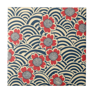 Azulejo Rojas Sakura Marina Ola Crema Patrón Japonés