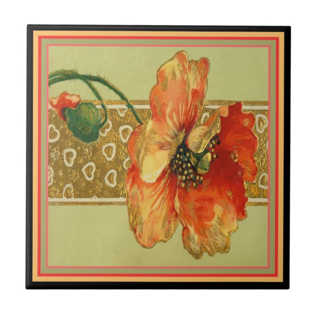 Azulejo Rojo anaranjado Poppie del vintage elegante (Frente)