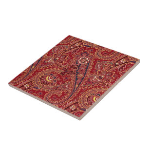Azulejo Rojo, Azul, Amarillo y Blanco Floral Paisley Antig