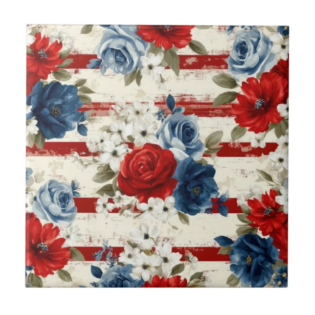 Azulejo Rojo Azul Blanco Floral Patriótico (2) (Frente)