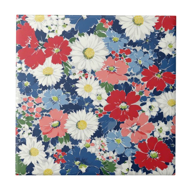 Azulejo Rojo Azul Blanco Floral Patriótico (3) (Frente)