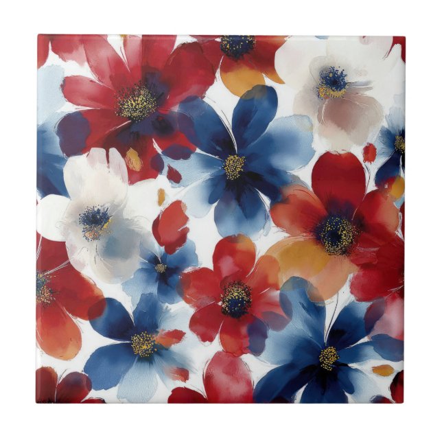 Azulejo Rojo Azul Blanco Floral Patriótico (5) (Frente)