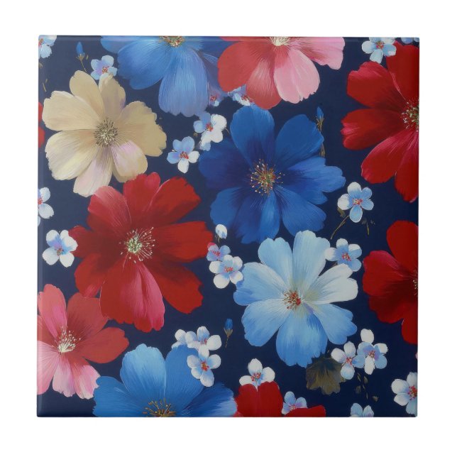 Azulejo Rojo Azul Blanco Floral Patriótico (9) (Frente)