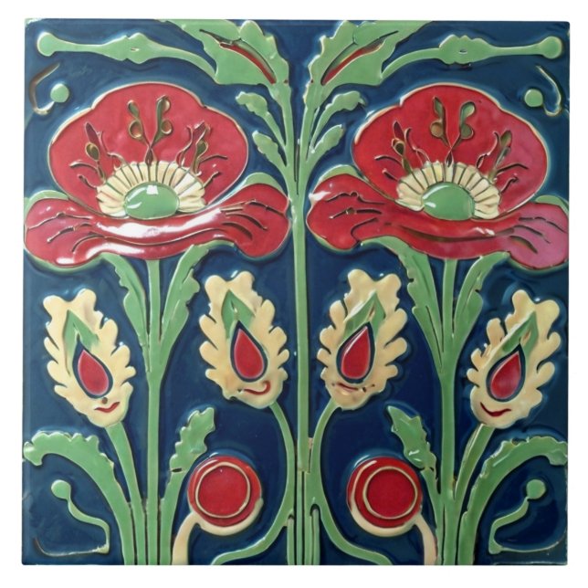 Azulejo Rojo de adormidera flor de amapola arte folclórico (Frente)