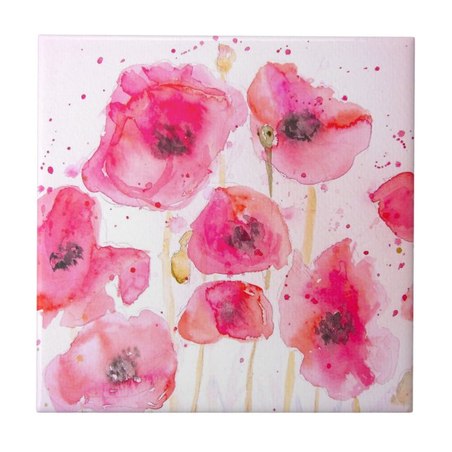 Azulejo Rojo Flandes Poppy Watercolor Flower Pattern (Frente)