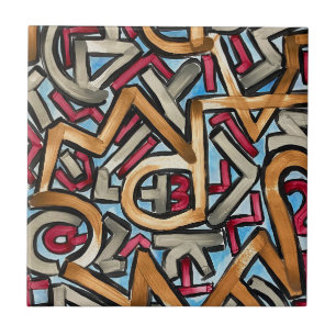 Azulejo Rojo Gris Mocha Geométrico - Arte Abstracto Pintad