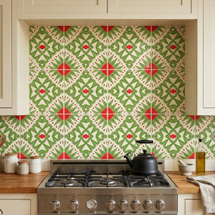 Azulejo Rojo Retro y Verde Mosaico Geométrico Bohemi