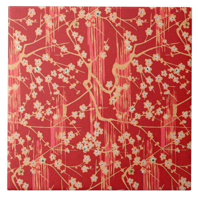 Azulejo ROJO SAKURA FLORES Patrón floral antiguo japonés (Frente)