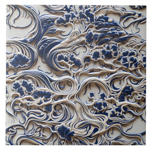 Azulejo Rollo floral escultural en azul y marfil