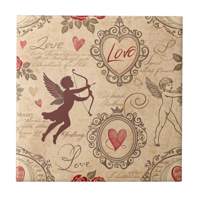 Azulejo Romance de Cupido de San Valentín Victoriano Ornam (Frente)
