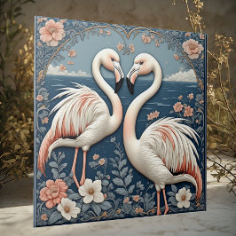 Azulejo Romantic Flamingo Couple Art Deco Blue Pond Floral