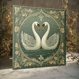 Azulejo Romantic White Swan Couple Art Deco Pond Green Sea