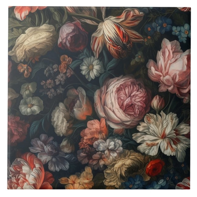 Azulejo Romántica y elegante pintura de aceite de flores b (Frente)